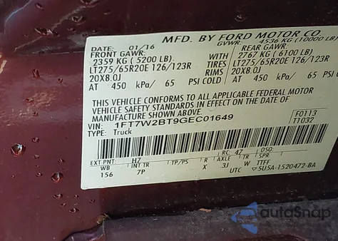 2016 Ford F-250 Lariat from USA, damaged, VIN 1FT7W2BT9GEC01649